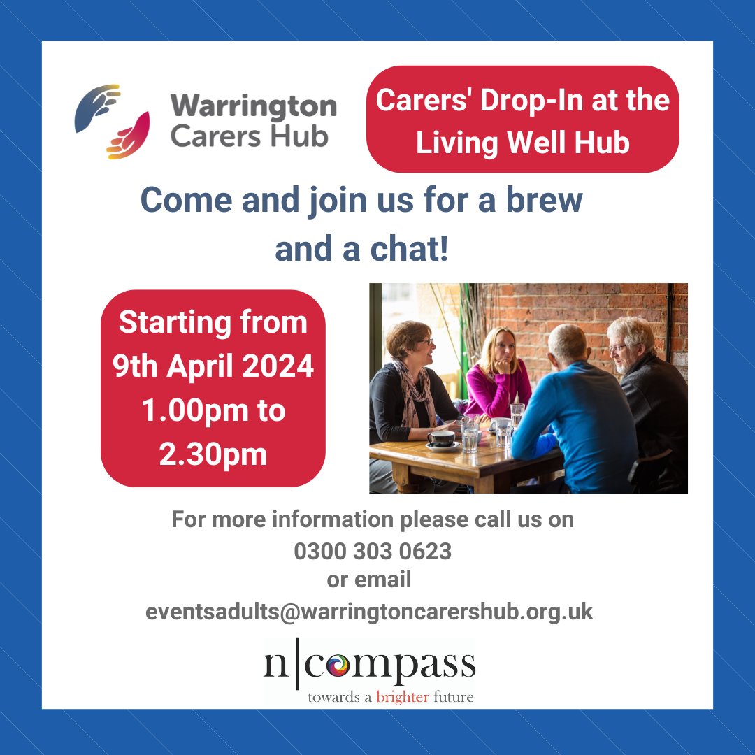🗓️ Carers' Drop-In: Every 2nd Tuesday, 1-2.30pm 📍 #LivingWellHub, Warrington Upcoming: 09/04/2024 14/05/2024 11/06/2024 Take some time out for yourself and join the team for support, guidance, and a friendly chat.