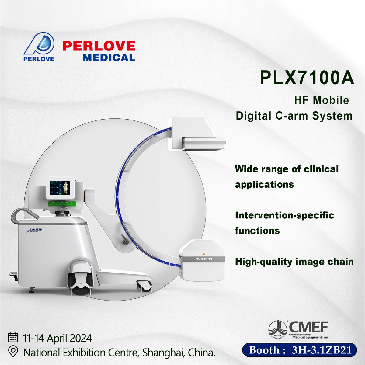 PerloveMedical's tweet image. 📅 Get ready for an exciting event as the highly anticipated #CMEF is scheduled to take place at theNational Exhibition Centre in Shanghai, China, from April 11th to 14th, 2024. 📍 
👉 Introducing our the PLX7100A HF Mobile Digital C-arm System. 
#PerloveMedical #CMEF2024