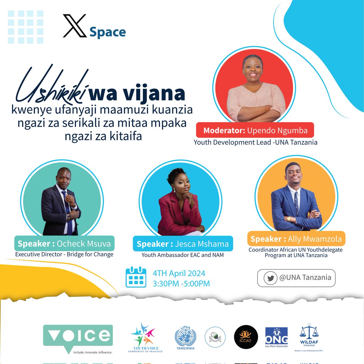 UNATanzania's tweet photo. Kutana na jopo la wataalamu watakaoungana nasi kukujuza wewe kijana juu ya fursa za ushiriki kwenye ngazi za maamuzi.

Usikose kujiunga nasi Alhamisi hii!

Jiunge kupitia 🔗 hii: https://t.co/ttHabmkeI8

#UshirikiWaVijana
#WanawakeSasa https://t.co/a2N0BzjB6B