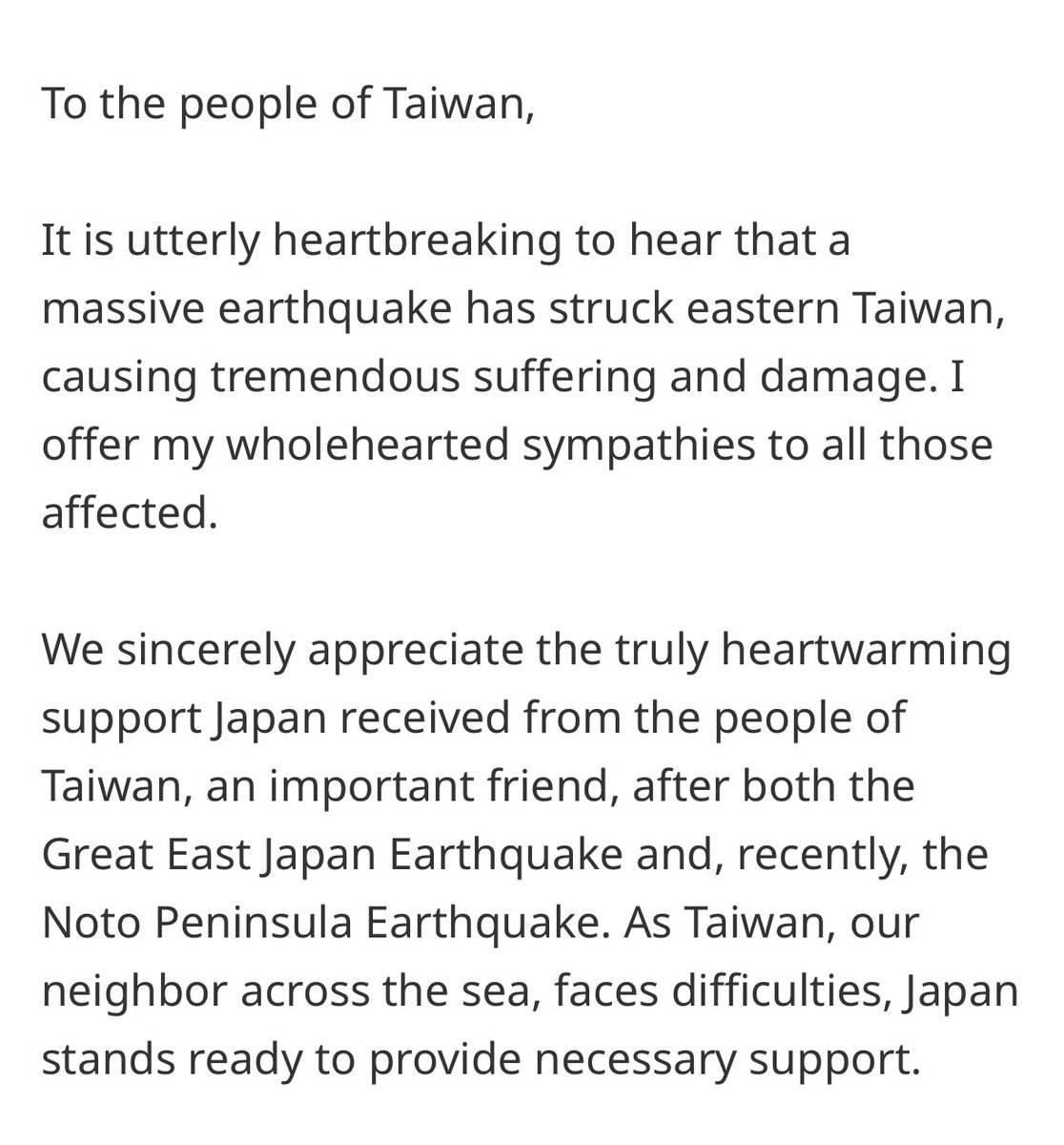 ▼Message of condolences from Prime Minister KISHIDA Fumio following the earthquake in eastern Taiwan japan.kantei.go.jp/101_kishida/de…