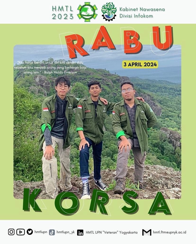 [RABU KORSA]

Selamat hari Rabu!
Jangan lupa awali aktivitas kalian dengan berdoa dan tetap tanamkan jiwa korsa kalian! ✨

#BersamaBisa
#HMTL2023
#RabuKorsa
#Nawasena