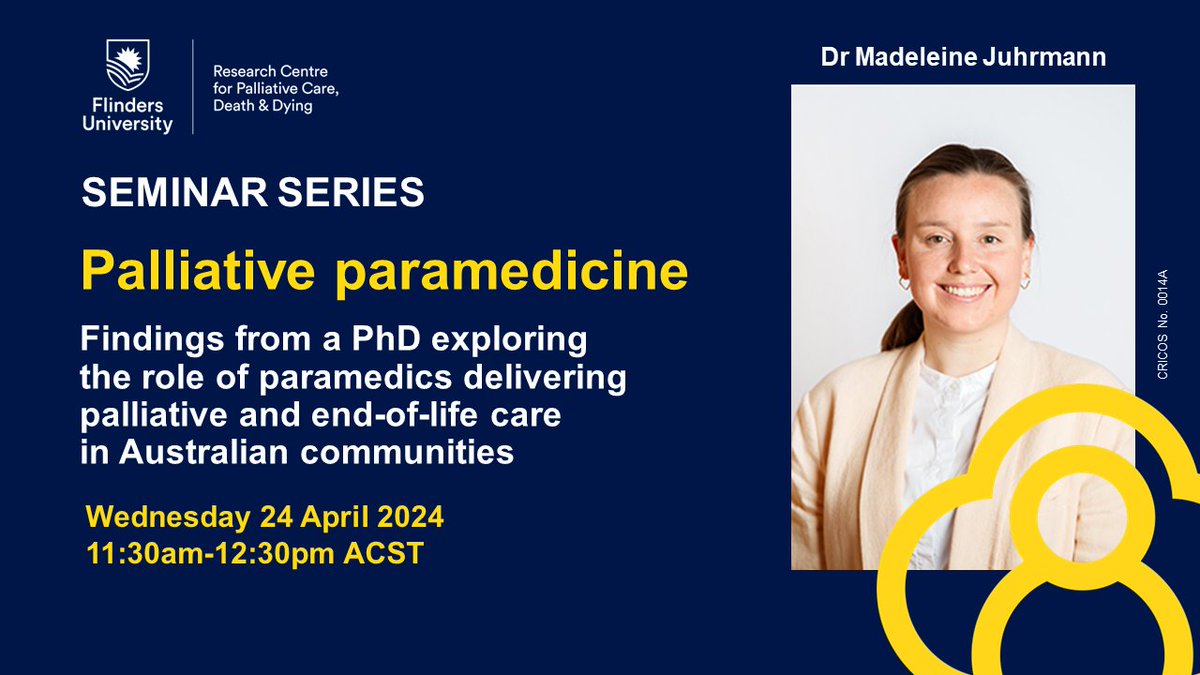 Join our next Seminar: Dr Madeleine Juhrmann will share her findings from a PhD exploring the role of paramedics delivering #palliative and #endoflife care in Australian communities

Wed 24 April - 11:30am-12:30pm - message us or email repadd@flinders.edu.au for Webex link