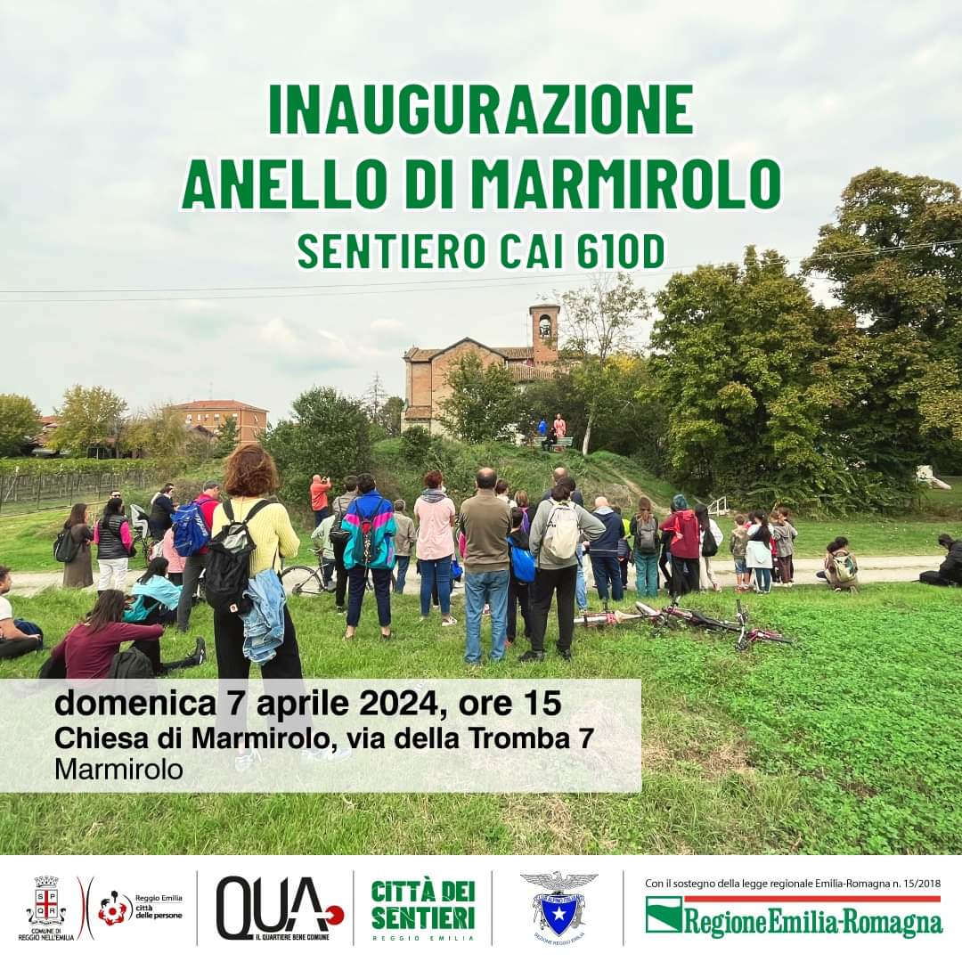 🌿🚶‍♀️ Nuova camminata inaugurale di uno dei sentieri creati con il progetto partecipativo 'Reggio Emilia Città dei Sentieri'.
📌 Domenica 7 aprile alle 15.00 percorriamo insieme l'Anello di Marmirolo, sentiero CAI 610D. Camminiamo e raccontiamo storie, costruiamo comunità.