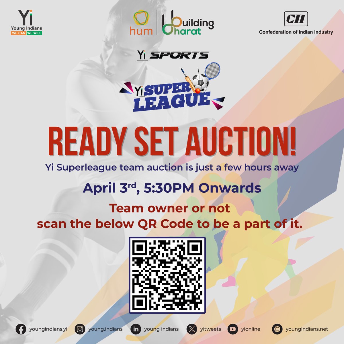 Raise the Stakes: It's Auction Time! Whether you're a team owner or not, don't miss the powerplay action of the Yi Superleague Auction today. Tune in for the ultimate sporting spectacle. #Yi #Cii #YoungIndians #NationBuilding #yisports #yiteam #sponsorship #buildingbharat #HUM