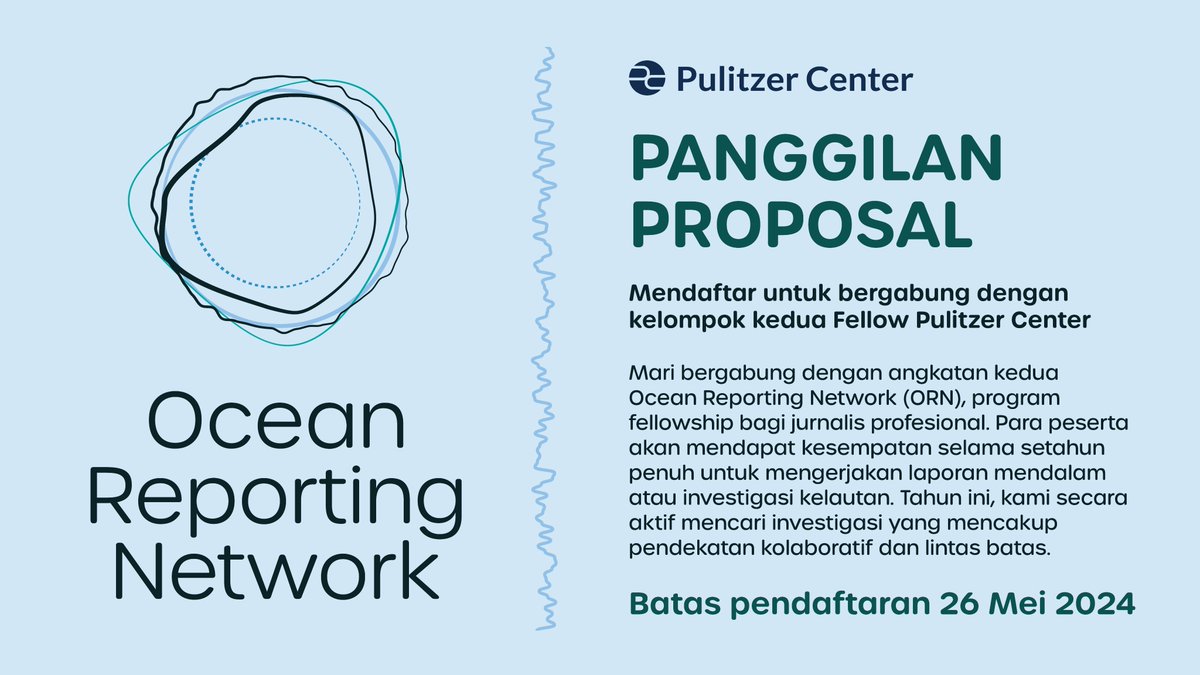 🚨 Pengumuman bagi wartawan kelautan! 🌊 Pendaftaran sekarang dibuka untuk kelompok ke-2 dari Ocean Reporting Network @pulitzercenter 👉 bit.ly/4cFu3Xi 🧵 Cek beberapa topik untuk dijajaki dan daftar paling lambat 26 Mei!