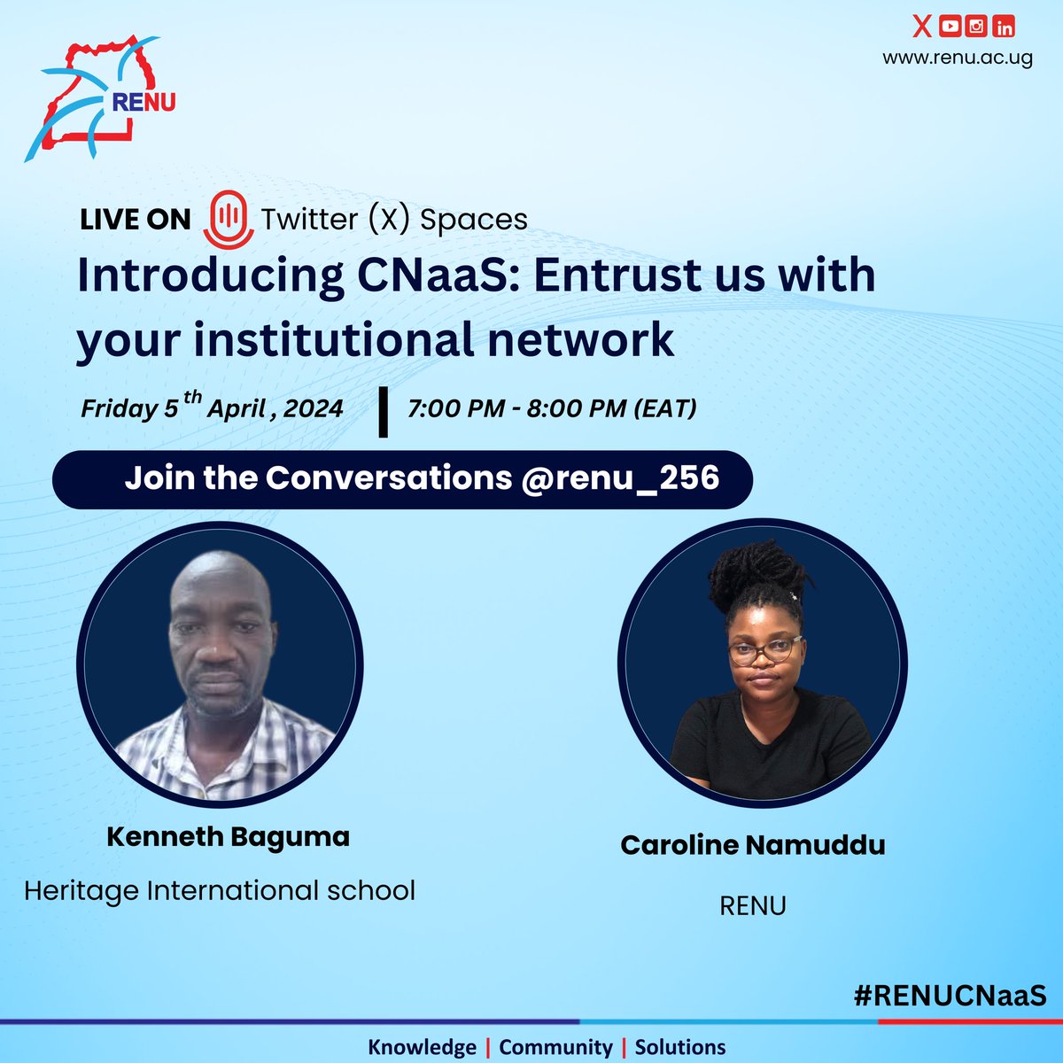 Conversations on #RENUCNaaS! 🚀

This Friday, we shall have a Twitter (X) Space conversation about our latest service, Campus Network as a Service (#RENUCNaaS), at 7 pm EAT.

Join Kenneth Baguma from Heritage International School and Caroline Namuddu (<a href="/carolpercy14/">carol</a>) from RENU as