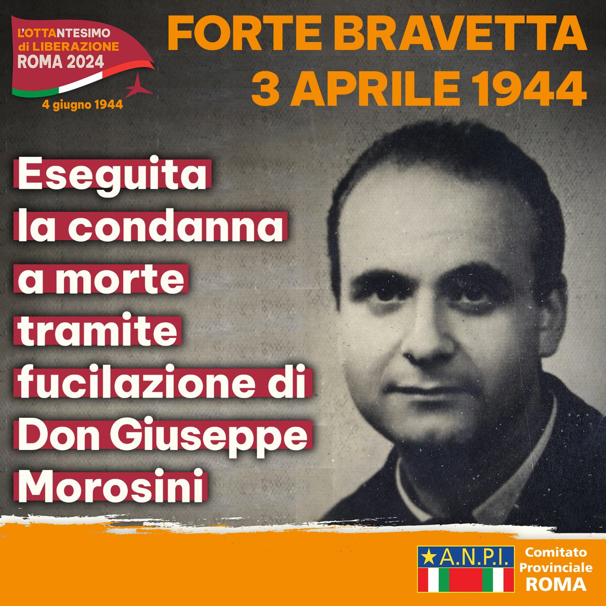 3 aprile 1944: don Giuseppe Morosini è fucilato a Forte Bravetta.
#memoria #Resistenza #maipiùfascismi