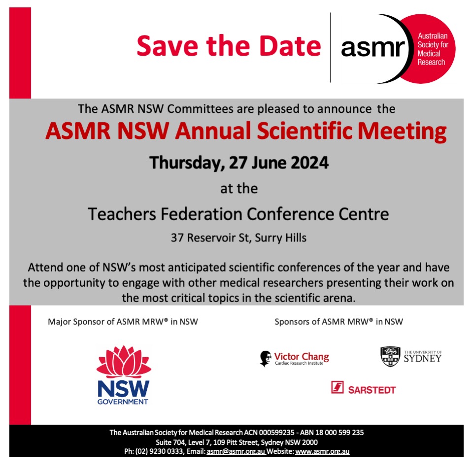 📢 Save the date for the @TheASMR1 NSW Annual Scientific Meeting 📅 27th June 2024 🏢 Teachers Federation Conference Centre! #ASMRNSWASM2024 #ASMRMRW2024