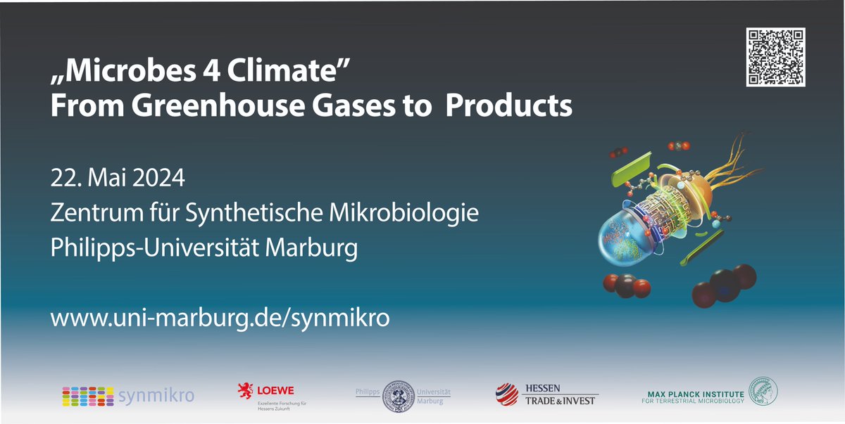 Synmikro Symposium, May 22nd, 2024 #Microbes4Climate - From #GreenhouseGases to Products. Leading Scientists will come together to discuss the latest science on how #microbes can help to control and mitigate #climatechange. Information and registration: uni-marburg.de/en/synmikro/cu…