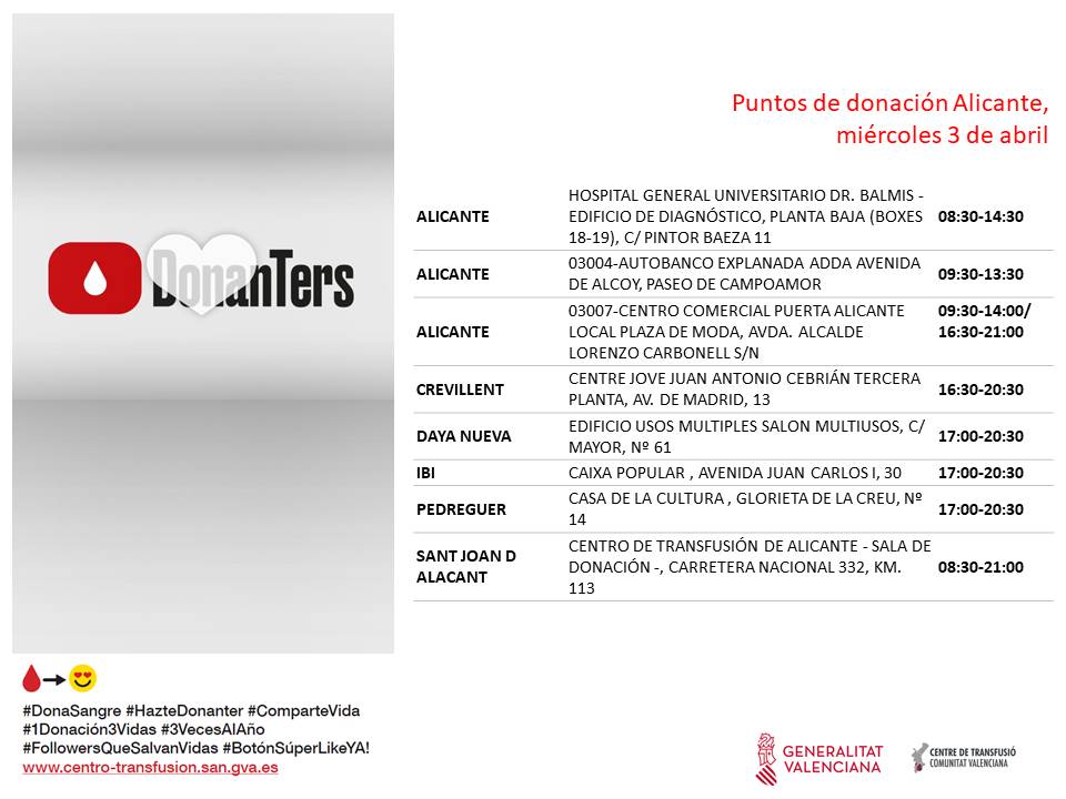Puntos de donación #Alicante 📅miércoles #3Abril La vida de muchos enfermos depende de transfusiones de sangre periódicas. Tu colaboración es necesaria a diario. #DonaSangre, comparte vida❤️