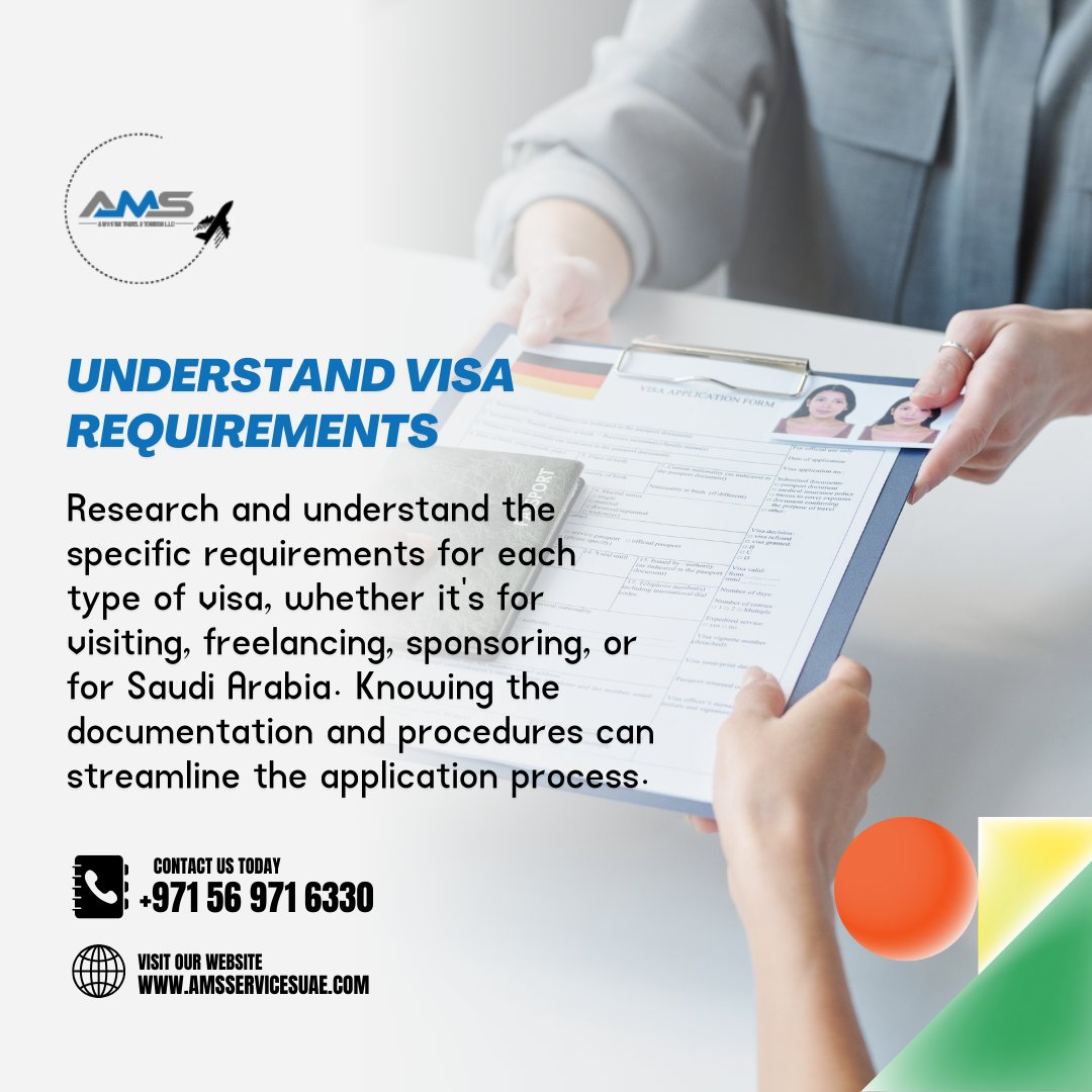 💡Research and understand the specific requirements for each type of visa, whether it's for visiting, freelancing, sponsoring, or for Saudi Arabia. 

📞 +971 55 781 3031
🌐 amsstartravels.com
.
.
#Amsstar #Amsstartravel #AMSTravel #VisaTips #Documentation #StreamlineProcess