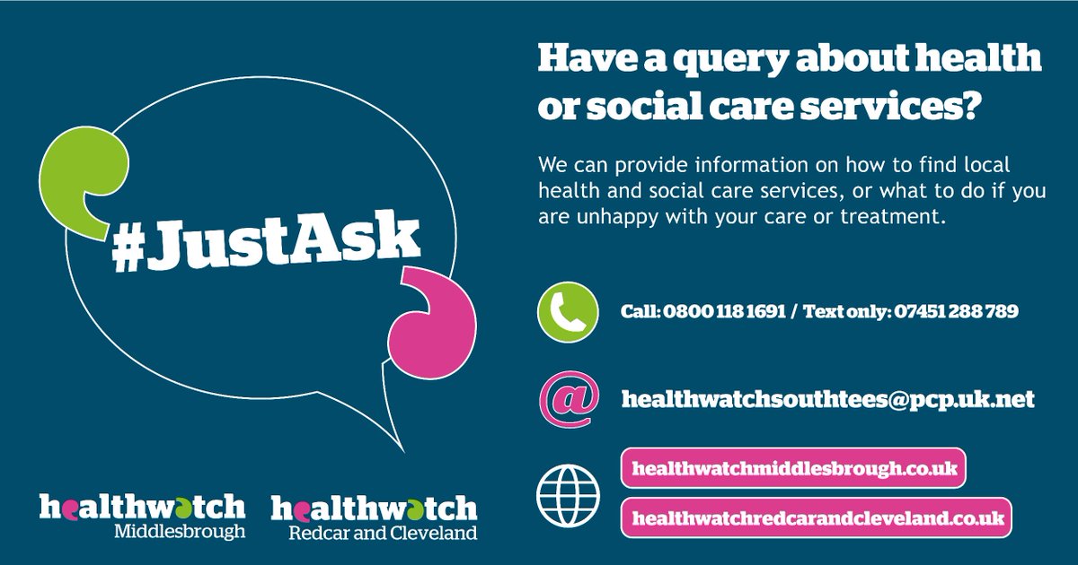 Do you have a query about health or social care services in Middlesbrough? Contact us and we can help. For more information visit our website 👉healthwatchmiddlesbrough.co.uk/advice-and-inf… #JustAsk