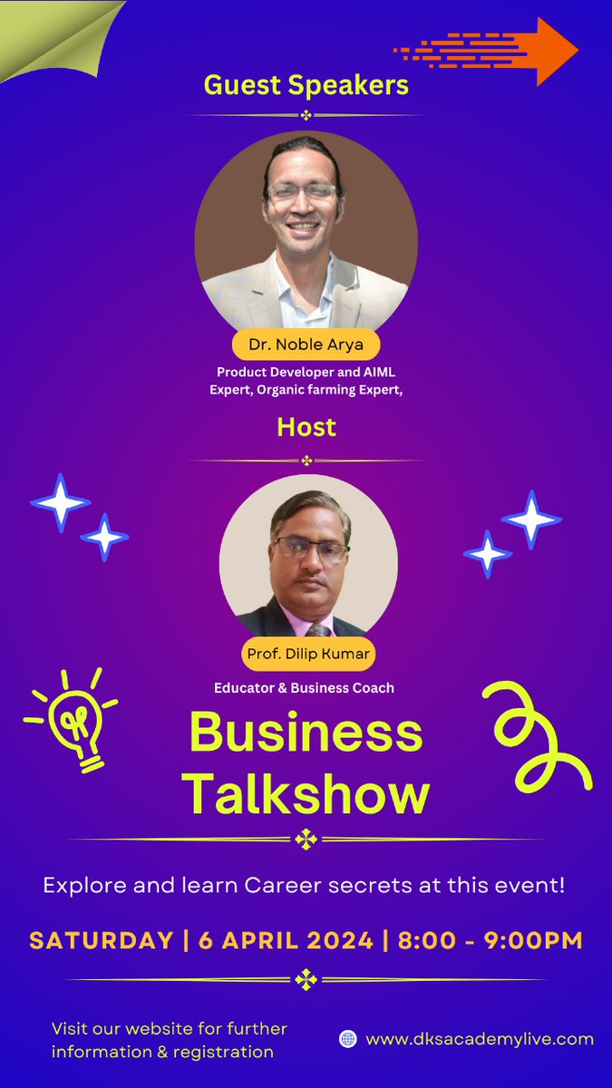 *Business Talkshow: Free Joining Invitation* *Topic: Organic farming and Development of modern Skills in the food business.* *Guest Speaker: Dr. Noble Arya, Product Developer and AIML Expert, Organic farming Expert* *Date: Saturday 6 April 2024* *Time: 8:00 PM- 9:00 PM*