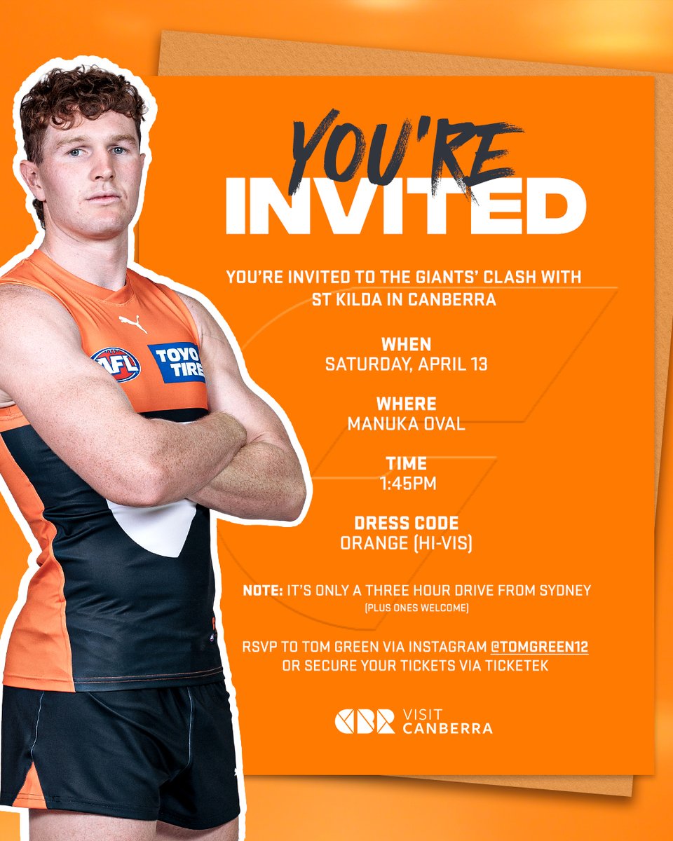 You're formally invited to our clash with @stkildafc in Canberra 📨 @visitcanberra Tickets 📲 giants.afl/3vG05BV