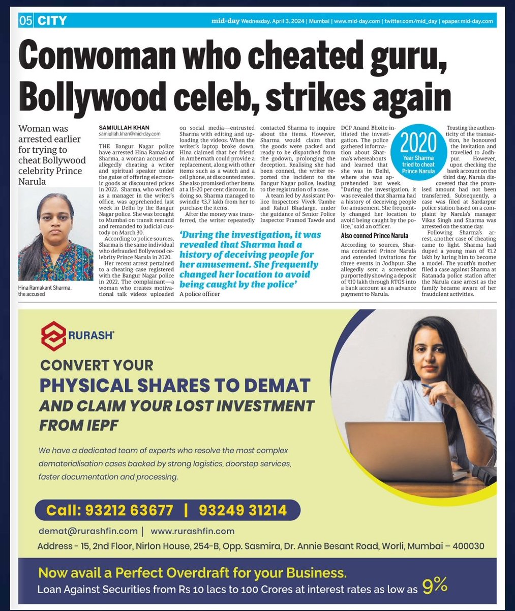 #Mumbai: Conwoman who cheated #guru, #Bollywood celeb, strikes again mid-day.com/mumbai/mumbai-… @AgasheApoorva @DiwakarSharmaa @faisaltandel1 @journofaizan @mid_day @ShirishVaktania @MumbaiNewsRT