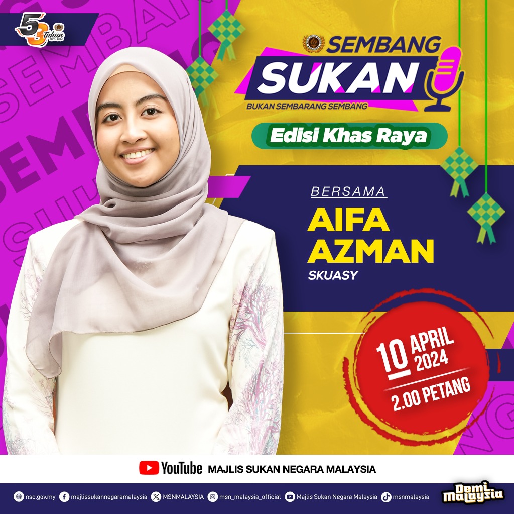 Jangan lupa saksikan Aifa Azman (Atlet Skuasy Negara) dalam Sembang Sukan Edisi Raya pada jam 2.00 petang hanya di Saluran YouTube Majlis Sukan Negara! #DemiMalaysia #KontinjenMALAYSIA #MalaysiaRoar