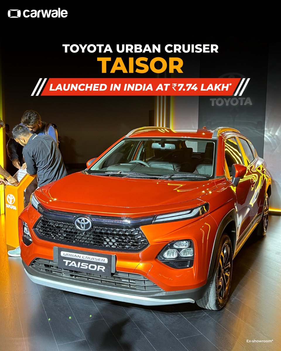 CarWale's tweet image. #ToyotaIndia has launched the #UrbanCruiserTaisor in the country with prices starting at Rs 7.73 lakh. It is the sixth product under the Toyota-Maruti Suzuki collaboration in India. Bookings of the same have commenced and deliveries will begin from May 2024.

#CWLaunch