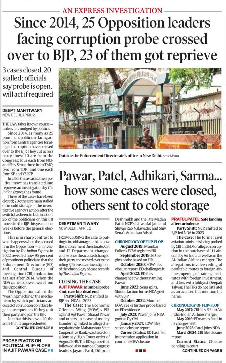 shail2018's tweet photo. Read this report published in the @IndianExpress today

There are two sets of “former corrupt” leaders currently with BJP-NDA today:

First, consisting of Ajit Pawar and Praful Patel. In their cases, the closure reports have been filed by the investigative agencies but the court is yet to accept it. That means their cases can be “revived” anytime. 

Second, consisting of Hemant Biswas Sarma, Suvendu Adhikari, Chhagan Bhujbal, Digambar Kamat, Ashok Chavan and some others. Their cases are currently in “cold storage” which means no action by the agencies at present. However, these cases can be put on “fast track” any moment.
    
So, two things are clear:

First, all of them remain a “hostage” to BJP-NDA and should remain loyal to it as they are not fully off the hook.

Second, it is in their individual interest and collective interest of BJP-NDA to ensure “अबकी बार 400 पार”. 400 may or may not be good for our country, but definitely good for them. It will provide a sufficient cushion to extend “protection” to friends and “harassment” to opponents.

Looks like this election is going to decide whether our country will be governed by “rule of law” or “rule of ruler”.