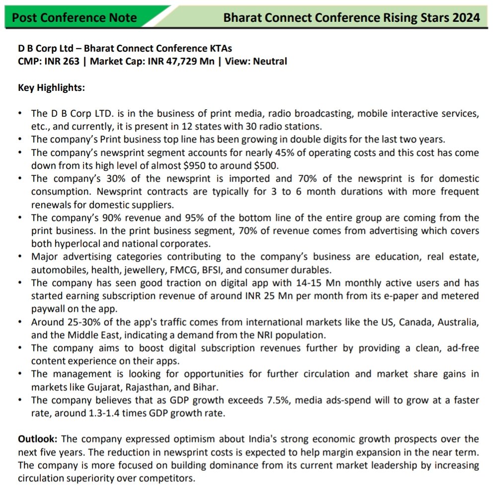 DB Corp
#DBCORP
Arihant conference notes:

Big QoQ uptick from the last 4 quarters 🔥

Q4 has seen further softening in newsprint prices which should lead to further cost reduction 

Revenue:
Q4FY23 531cr
Q1FY24 554cr
Q2FY24 586cr
Q3FY24 645cr

EBITDA:
Q4FY23 75cr
Q1FY24 116cr…