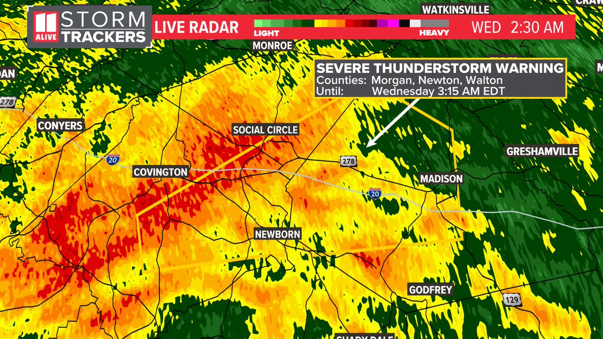 A Severe Thunderstorm Warning has been issued for Morgan, Newton, Walton until 4/03 3:15AM. Track storms now: 11alive.com/radar #storm11 #gawx