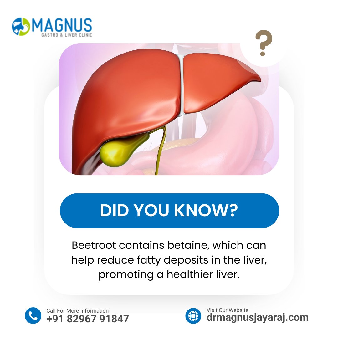 DidYouKnow?

Beetroot contains betaine, which can help reduce fatty deposits in the liver, promoting a healthier liver.

Contact +91 82967 91847 or visit drmagnusjayaraj.com

#drmagnusjayaraj   #LiverTransplant #LiverHealth #LiverHealth #LiverWellness #LiverDisease