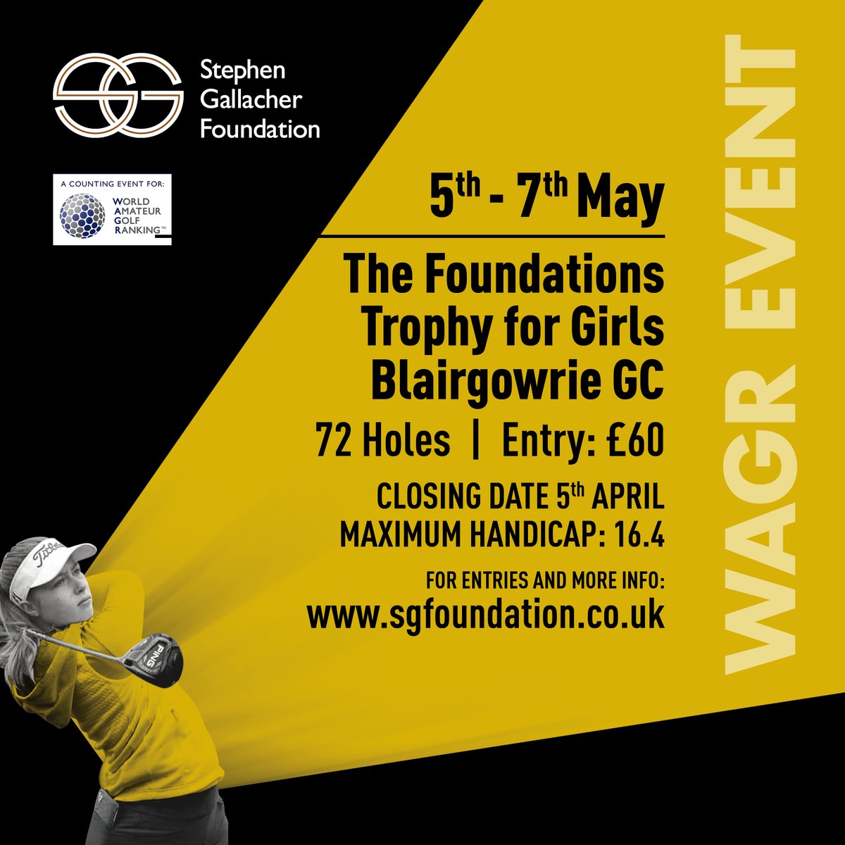 Entries for The Foundations Trophy (Boys & Girls) @BlairgowrieGC on 5-7 May close on Fri 5th April. To enter go tour wesbite sgfoundation.co.uk @stevieggolf @ScottishGolf @GolfBible @BDFoundation_ @EnglandGolf #WAGR #EGR