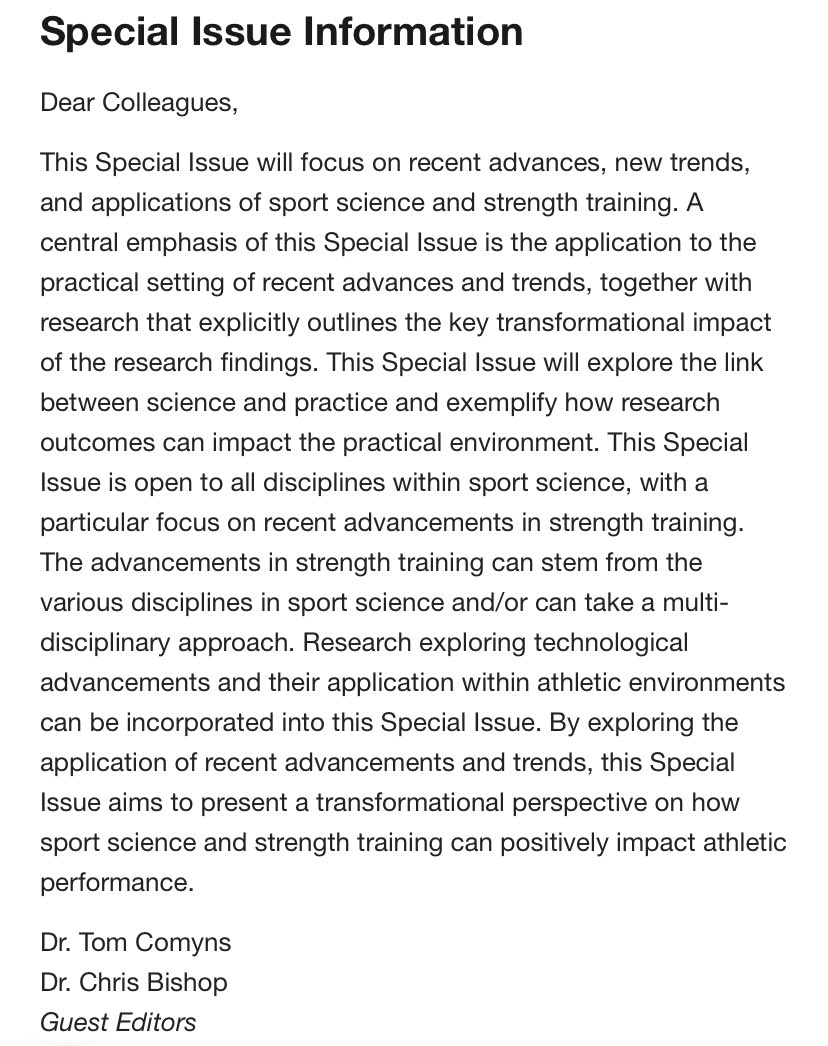 📓 New special issue on Sport Science and Strength Training being guest edited by @comyns_tommy and myself, in @Applsci. 🔗 For those considering a submission, please do so here: mdpi.com/journal/applsc….