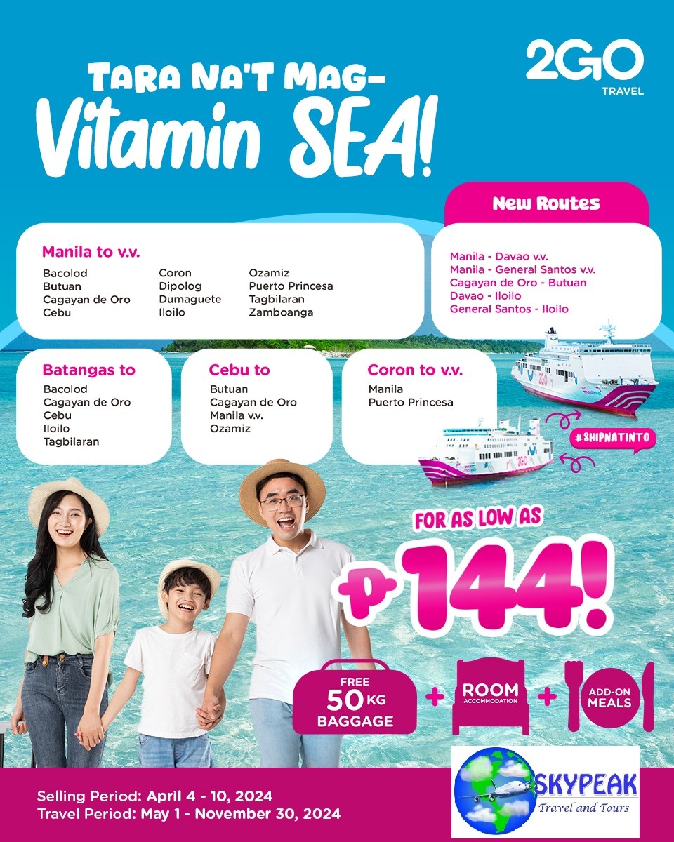 For as low as P144, boost your energy & happiness kapag nag-vacation with family. The family that travels together, stays healthy and happy together! Pm us at fb.com/skypeaktravela… 🏝#HappinessAtSea #ShipNatinTo #2GOMasikap #2GOMasigla #SamaSamaTayoSa2GO #2GOSafeTravels #go2GO