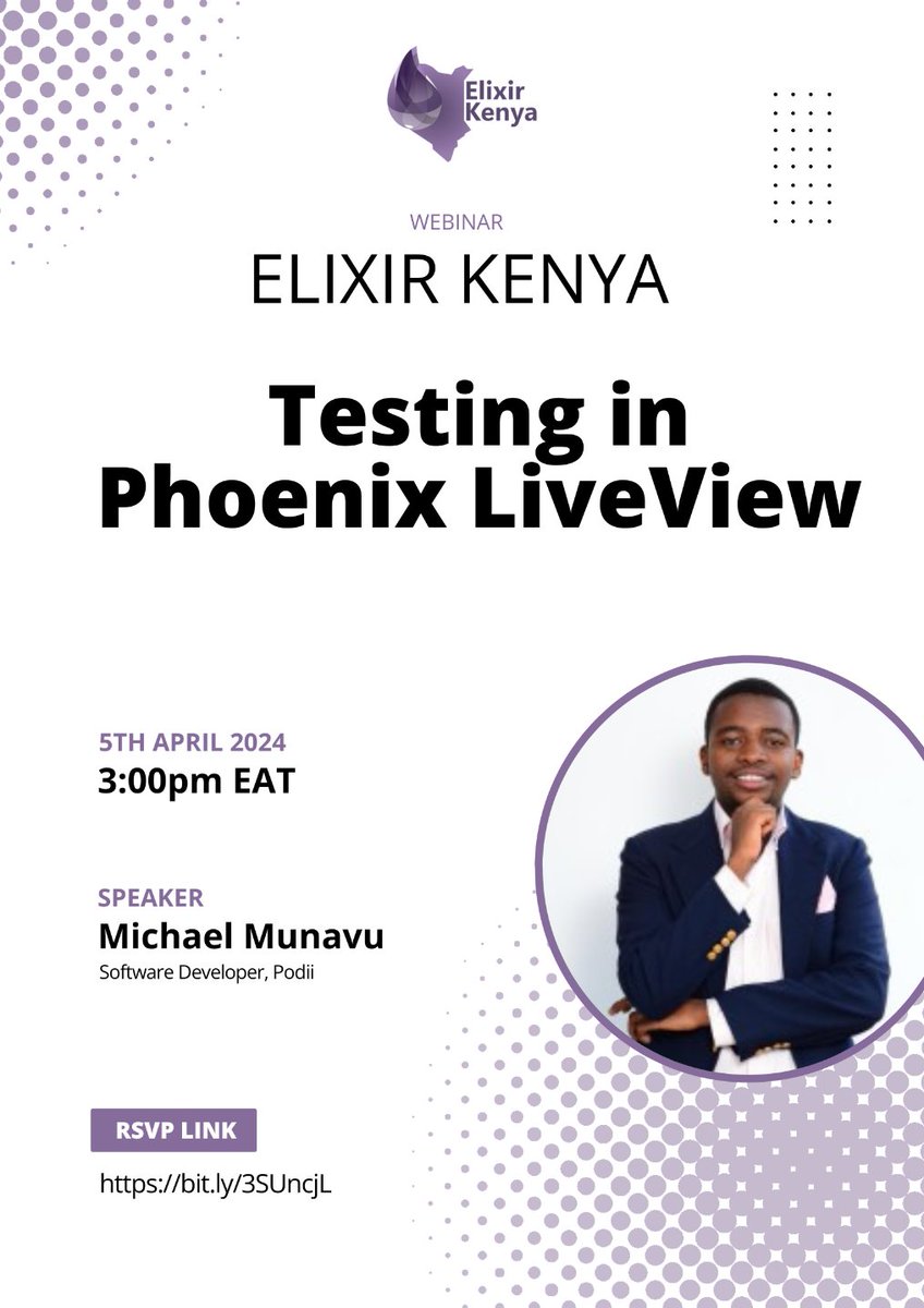 Only 2 days🥳 until our webinar on LiveView testing with @MichaelTrance1 . Join us to get equipped with knowledge on Testing in Phoenix LiveView Don't forget to register and join us ! bit.ly/3SUncjL 📅5th April 2024 ⏳3:00pm EAT #myelixirstatus