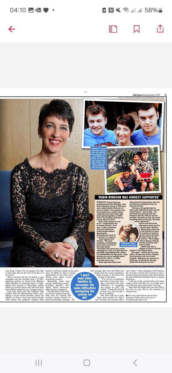 Lovely interview in @Daily_Express today by Sue Crawford .touching tribute to @Robinwindsor . Well done @AnnaKennedy1 @Gateway978 @lisarobins13 @Dawnavery13 #Autism #AutismAcceptanceMonth @BornAnxious2018