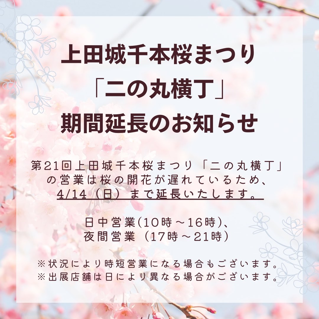 【第21回 上田城千本桜まつり】二の丸横丁は、桜の開花が遅れているため、期間を〜14日（日）まで延長します🌸