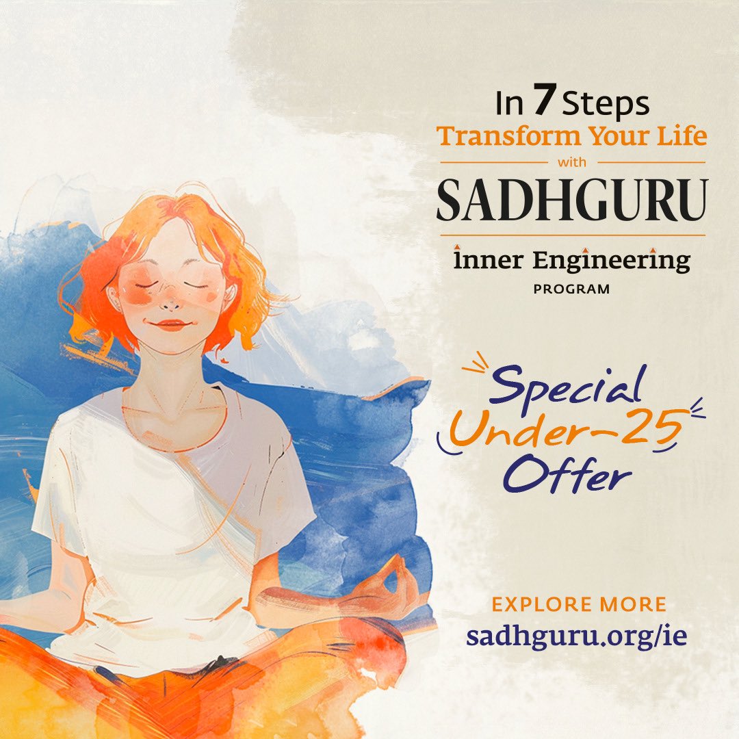 Under-25 Offer for the online Inner Engineering program at 5️⃣0️⃣% reduced fee. ⚖️ Stabilise emotions 🧘‍♂️ Sharpen the mind 🔅 Compulsiveness to consciousness isha.sadhguru.org/uk/en/inner-en… Don’t miss this opportunity to empower yourself with transformative tools for inner wellbeing