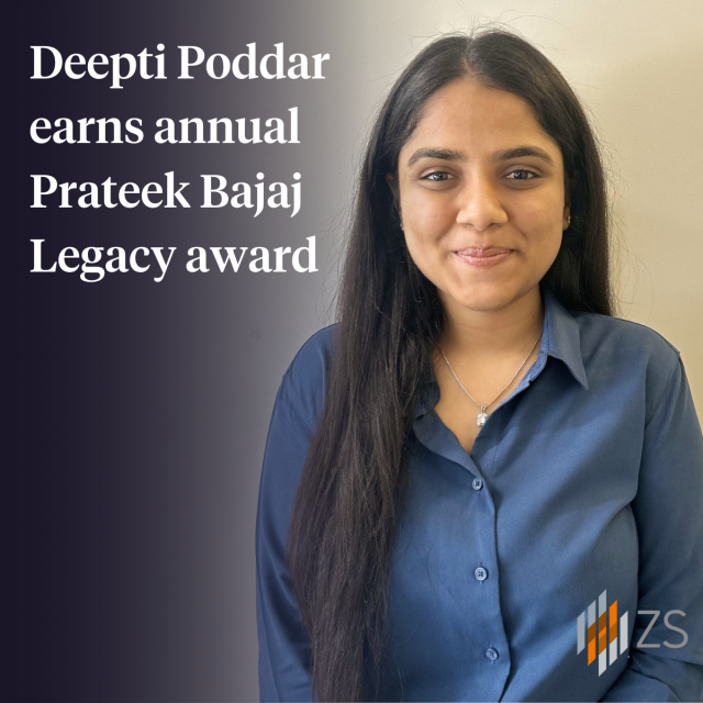 I'm proud to share that fellow ZSer Deepti Poddar has earned ZS's annual Prateek Bajaj Legacy award! This award is a testament to her exceptional work, eagerness to tackle diverse projects and capacity to embrace challenges. #LifeatZS bit.ly/49oNIbb