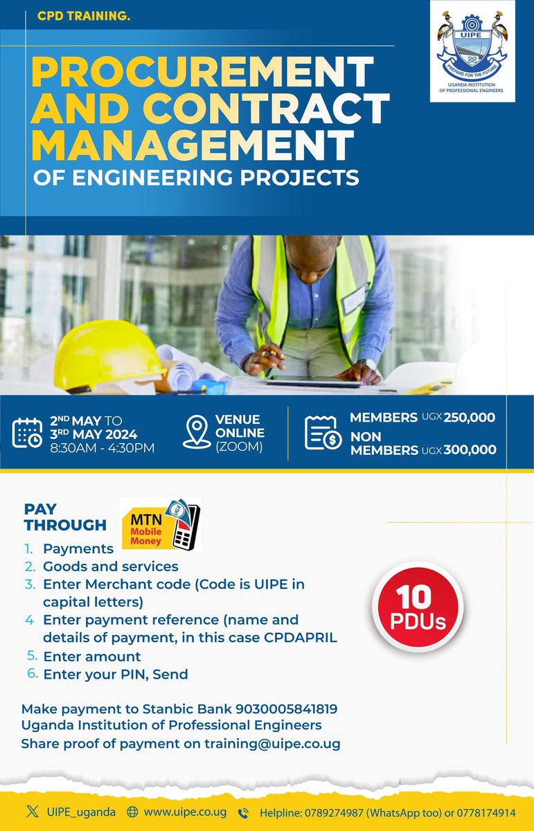The #Procurement and #Contract Management #UIPECPDTraining will take place on 2nd & 3rd May 2024. Make your booking today! #UIPEUpdates #HappeningNextMonth #tuesdayvibe