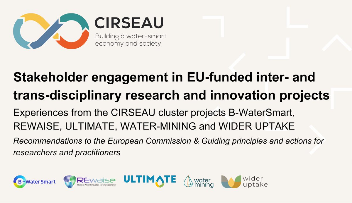 #CIRSEAU project experiences help to shape recommendations to the <a href="/EU_Commission/">European Commission</a>, and guiding principles &amp; actions for researchers &amp; practitioners on #StakeholderEngagement activities for a #WaterSmartSociety.

Read the brief here: b-watersmart.eu/stakeholder-en…