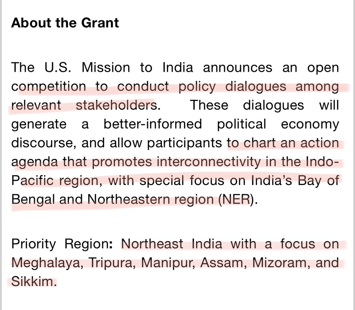 GoldDusters's tweet photo. US mission (Eric Garcetti) announced grant of $130000 inviting applications from Universities, NGOs, think tanks to conduct policy dialogues with focus on Meghalaya, Tripura, Manipur, Assam, Mizoram &amp; Sikkim. @MEAIndia @DrSJaishankar @AmitShah @smitaprakash https://t.co/2wSNjUAV3I
