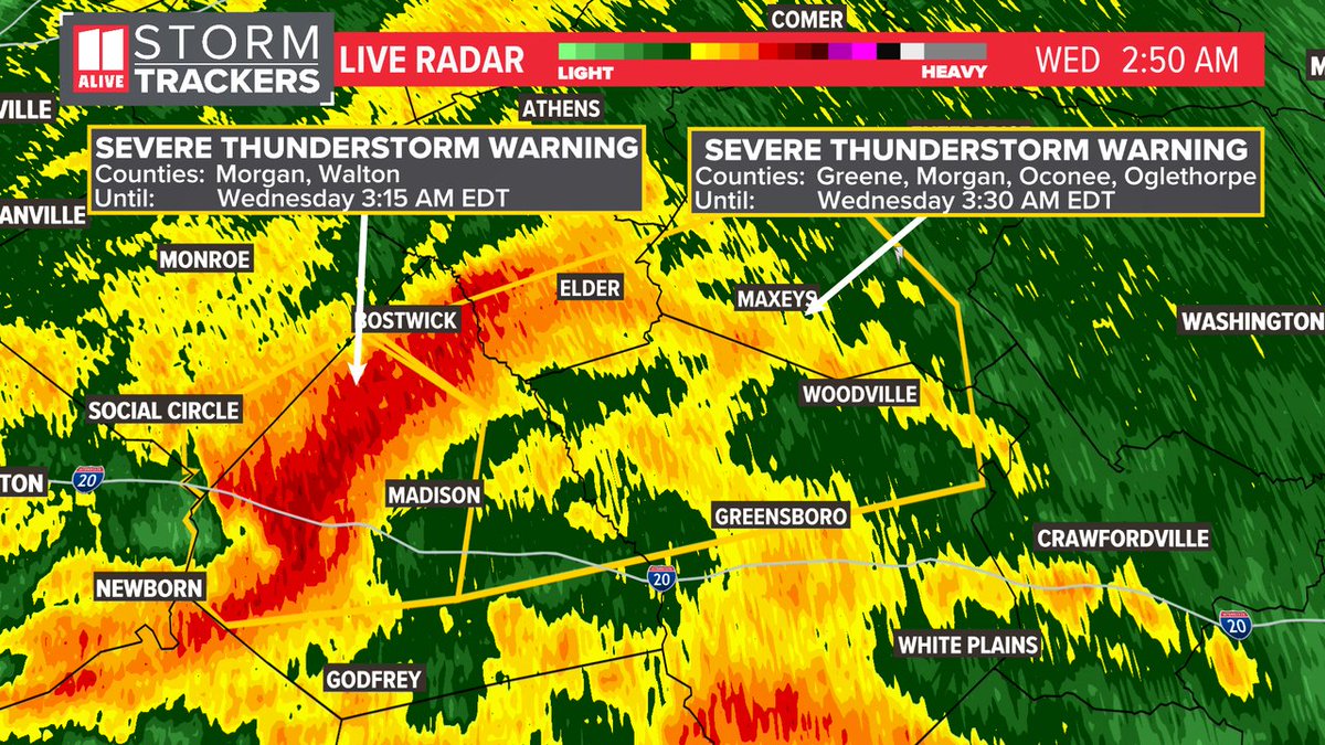 A Severe Thunderstorm Warning has been issued for Greene, Oconee, Oglethorpe, Morgan until 4/03 3:30AM. Track storms now: 11alive.com/radar #storm11 #gawx