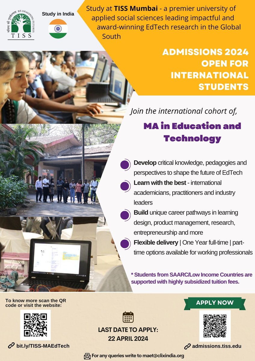 cete_tiss's tweet photo. #ApplyNow! International Admissions are open for MA in Education and Technology at CETE, TISS Mumbai (academic year 2024-25).
🗓Last Date to Apply: Monday, 22nd April 2024
🔗 Register for the information webinar: https://t.co/MKblzn1sRg
#CETETISS #MAEdTech #AdmissionsOpen https://t.co/9God5pQXTw