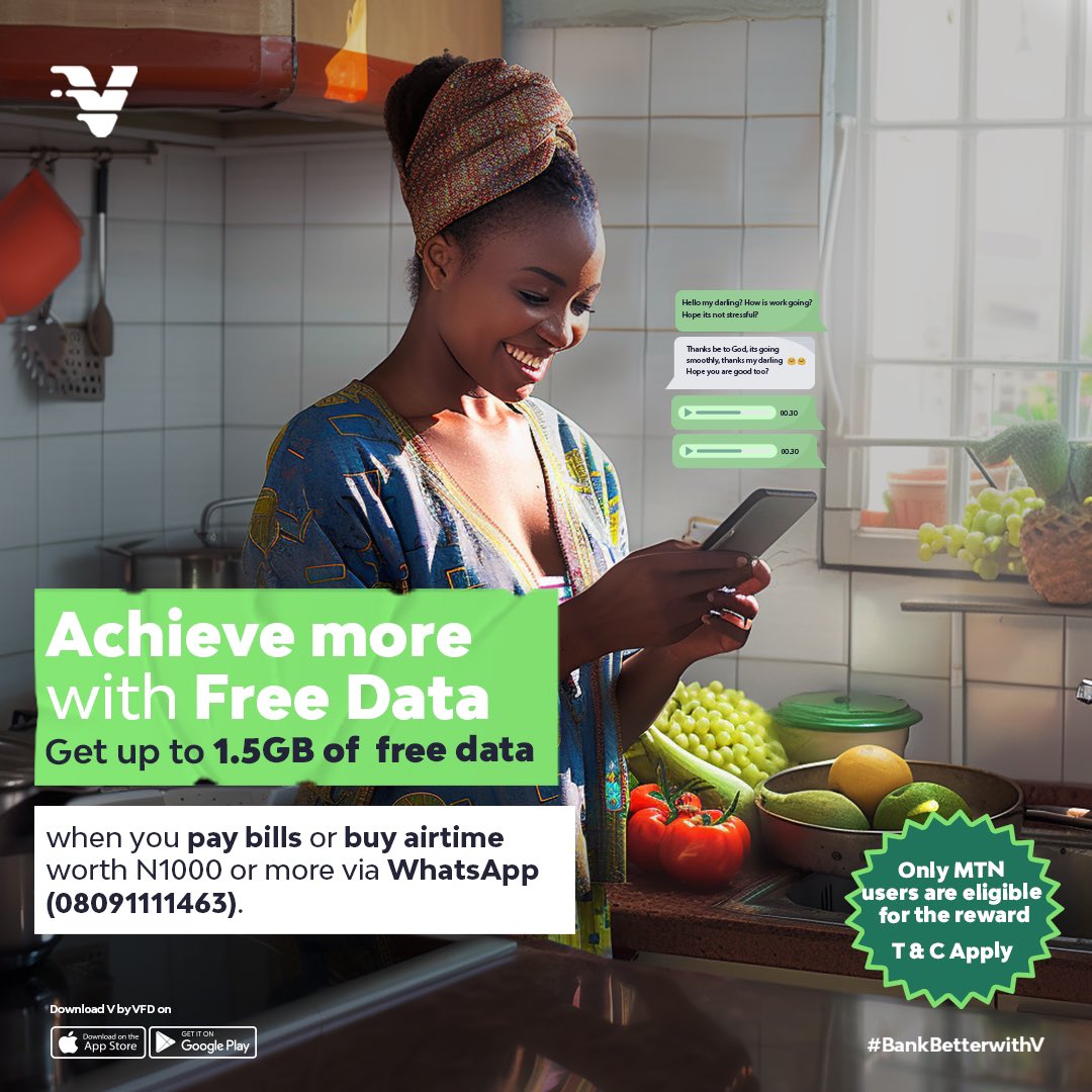 Say 'Hi' to your sure girl, Bolanle, on WhatsApp and get up to 1.5GB of MTN data for free! Don't miss out on this offer! 😎 
Terms and conditions apply.

#DataReward #WhatsappBanking #EnablingYouToAchieve #VFDMicrofinanceBank