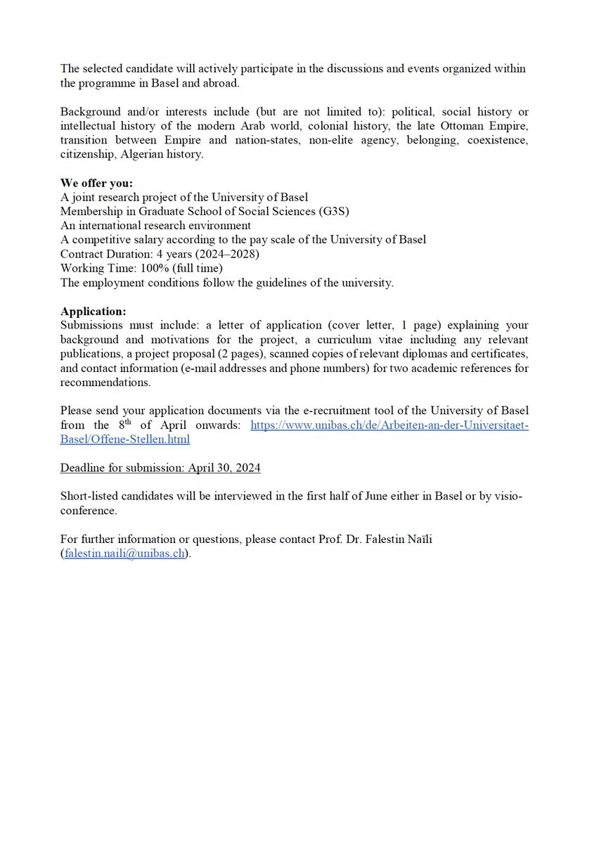 BalistreriAlex's tweet photo. For historians of #Algeria: Professor Naïli's project at Near &amp; Middle Eastern Studies / @UniBasel_en is seeking applications for a fully funded, four-year doctoral position to study the political and social history of late colonial Algeria. 👇 https://t.co/9n22HhRNRF