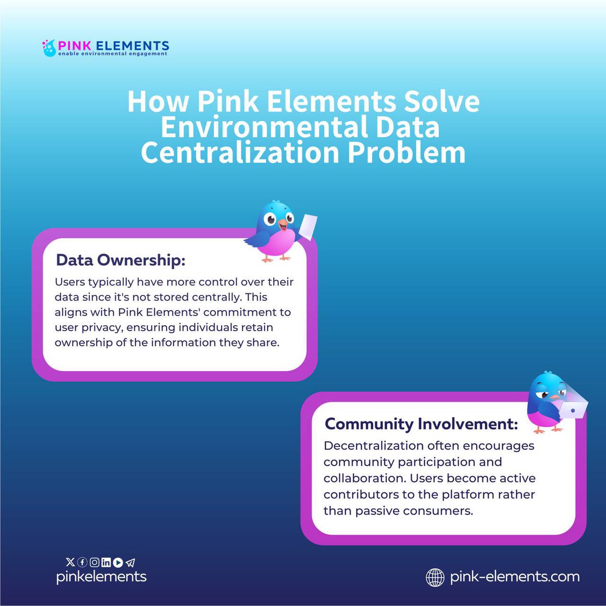 The Pink Elements decentralized platform 🌐 follows the principle where control and authority of data are distributed across the network rather than being concentrated in a single central authority. Two reasons why this is important? ➡️ Data Ownership ➡️ Community Involvement