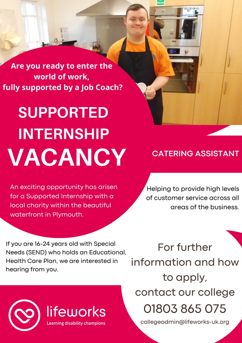 OnCourseSW's tweet image. ✨An exciting opportunity to enter the world of work through a Supported Internship✨

Lifeworks has a vacancy for a Catering Assistant through their Supported Internship Programme. 

👉 01803 865075

#SupportedInternships #WorldOfWork #SupportedJobCoach