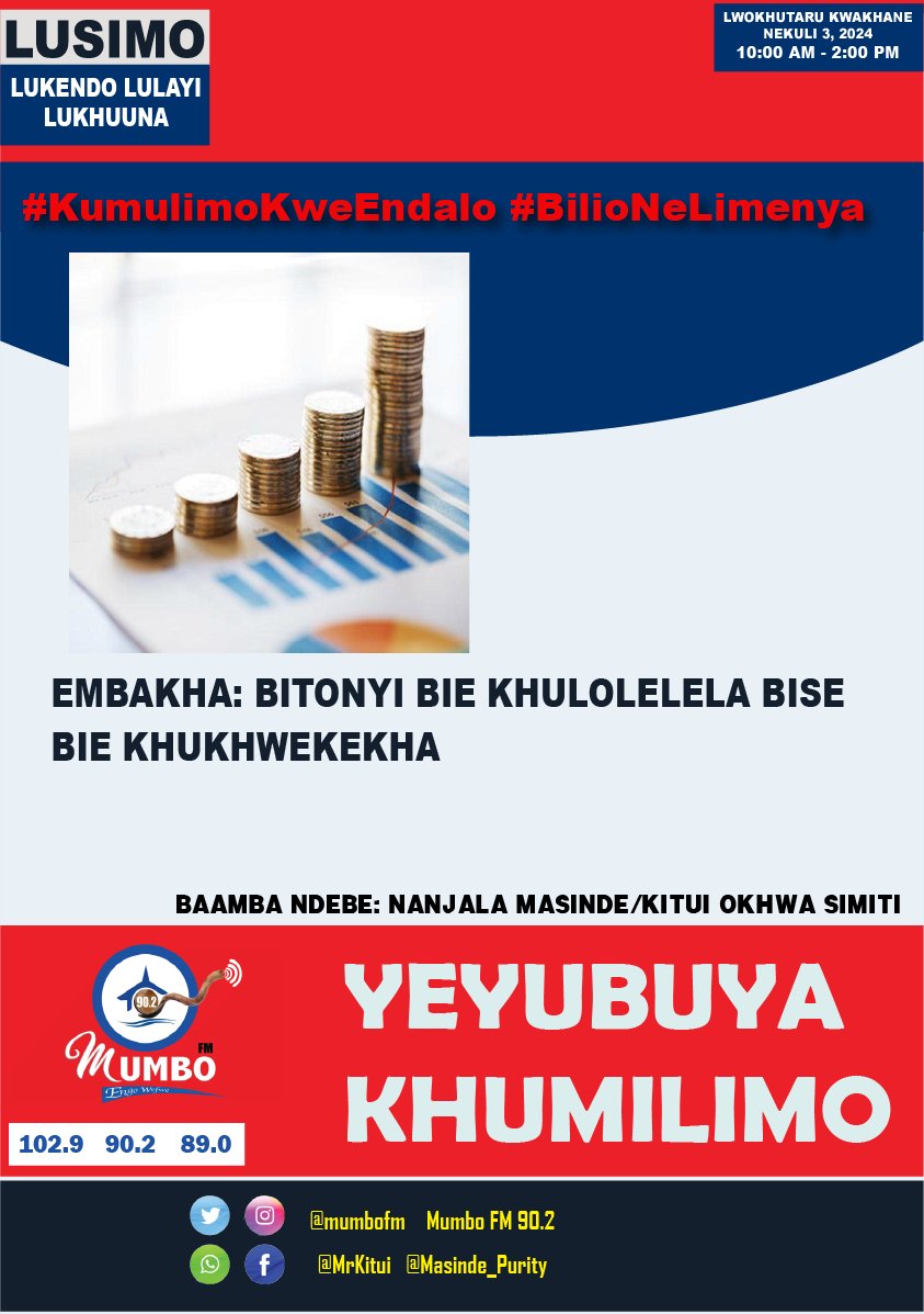 #YeyubuyaKhumilimo #KumulimokweNdalo #BilioNeLimenya. ENDALO YE KHUKHWEBIKHA. LUSIMO: ENDALO ENDAYI EBONRKHA NE BUSIA Waiyana: 0710728882/0759375305, Burume: FB: Mumbofm 90.2, Nanjala Maainde, Kitui Okhwa Simiti. XCom: <a href="/mumbofm/">Mumbo FM 90.2 Engo Wefwe</a>.<a href="/MrKitui/">Kitui Smith, Caleb</a>