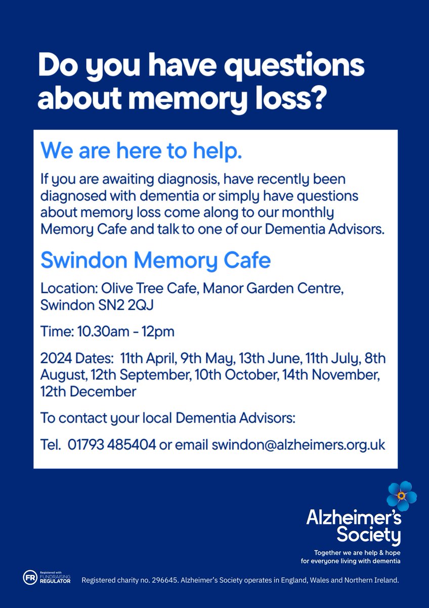 Are you or a loved one waiting for a dementia diagnosis or have recently been diagnosed? Join the @alzheimerssoc at the Swindon Memory Cafe, where you can find support, connect with others, and learn more about managing dementia 💙