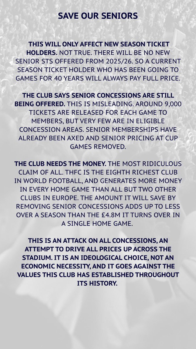 As the campaign to restore senior concessions at #Spurs gains traction, it’s important to bust some of the myths around who this affects, and why that’s YOU. Read, share and join us in calling for a full reversal on the attack on senior pricing by the Club’s board 👇