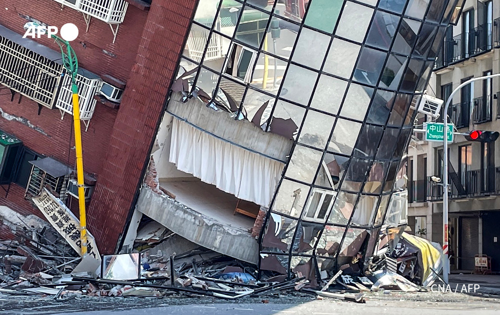 A Taiwan Central News Agency photo shows a damaged building in Hualien