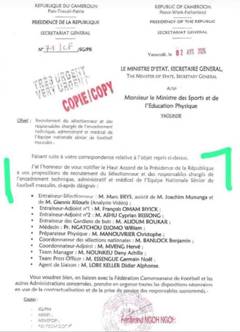 La correspondance du SGPR qui autorise le ministre a procédé au recrutement du Staff de l'équipe nationale,  au détriment du grand pasteur de Tsinga.