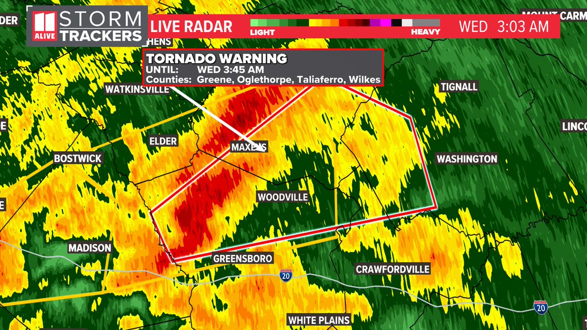 A tornado warning is in effect for Greene, Oglethorpe, Wilkes, Taliaferro until 4/03 3:45AM. Tune into @11AliveNews for the latest weather information. #storm11 #gawx