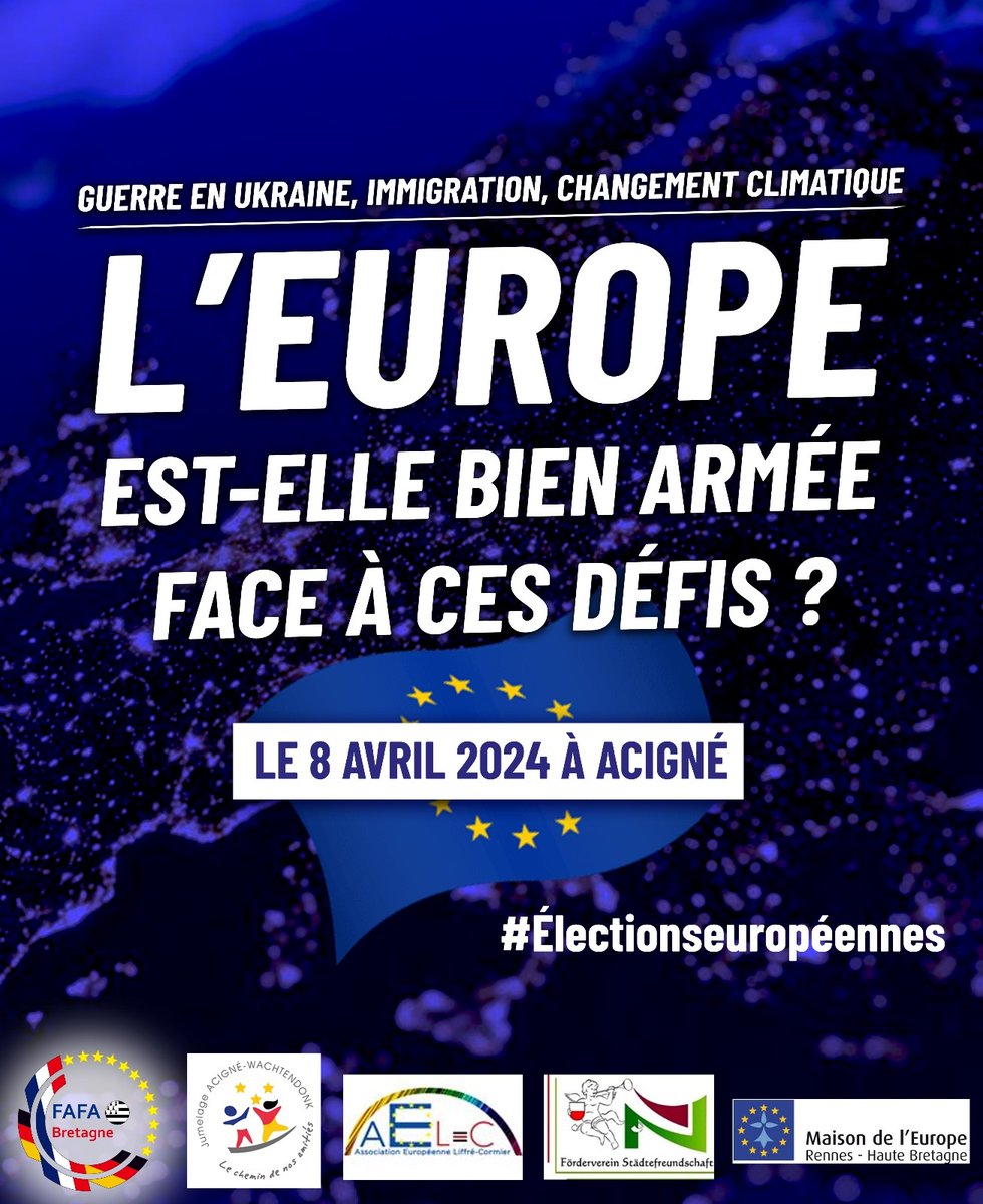 Les comités de jumelage de Noyal-sur-Vilaine et d’Acigné, en partenariat avec Liffré Cormier AELC, Amitié Franco Allemande - Fafa Bretagne et la Maison de l’Europe de Rennes, proposent une soirée autour de l'Union européenne, le 8/04 à 19 h salle Glenmor.