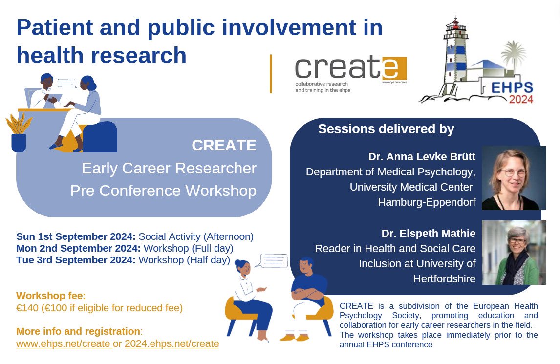 📣 We're thrilled to announce the facilitators for the CREATE Workshop 2024! Get ready for an exciting workshop about patient and public involvement in health research! 

#EHPS2024 @EHPS_OS_SIG @ehps_synergy @EHPS2024